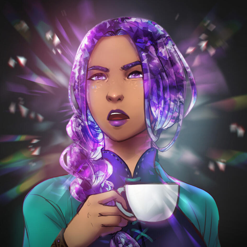 A Sapphire Earth Genasi with blue crystaline hair and a white star on his forehead.